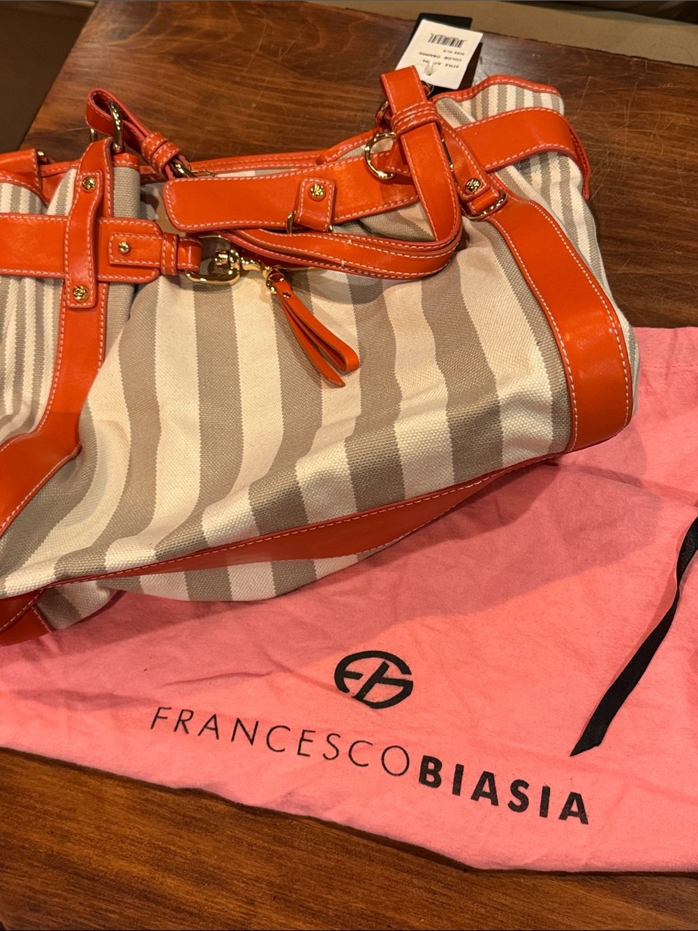 NWT Francesco Biasia Perfect Striped Canvas Leather Tote Bag Orange Luxury Italy - Picture 8 of 14